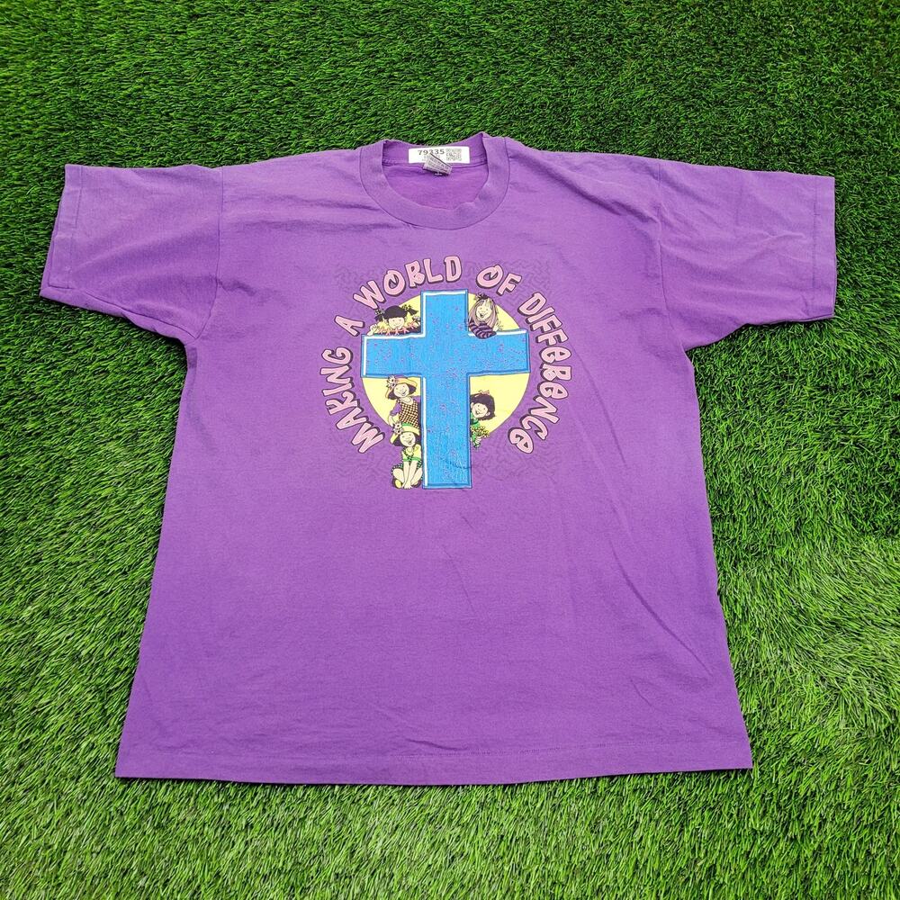 Vintage 90s Cross Shirt Womens XL 23x28 Purple Christian USA